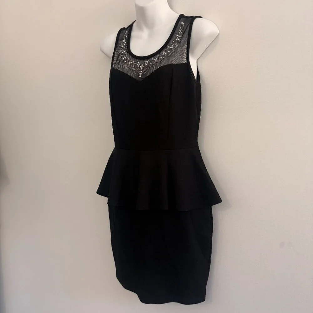 Black Rhinestone Mesh Peplum Dress | Size L/G - Picture 5 of 9